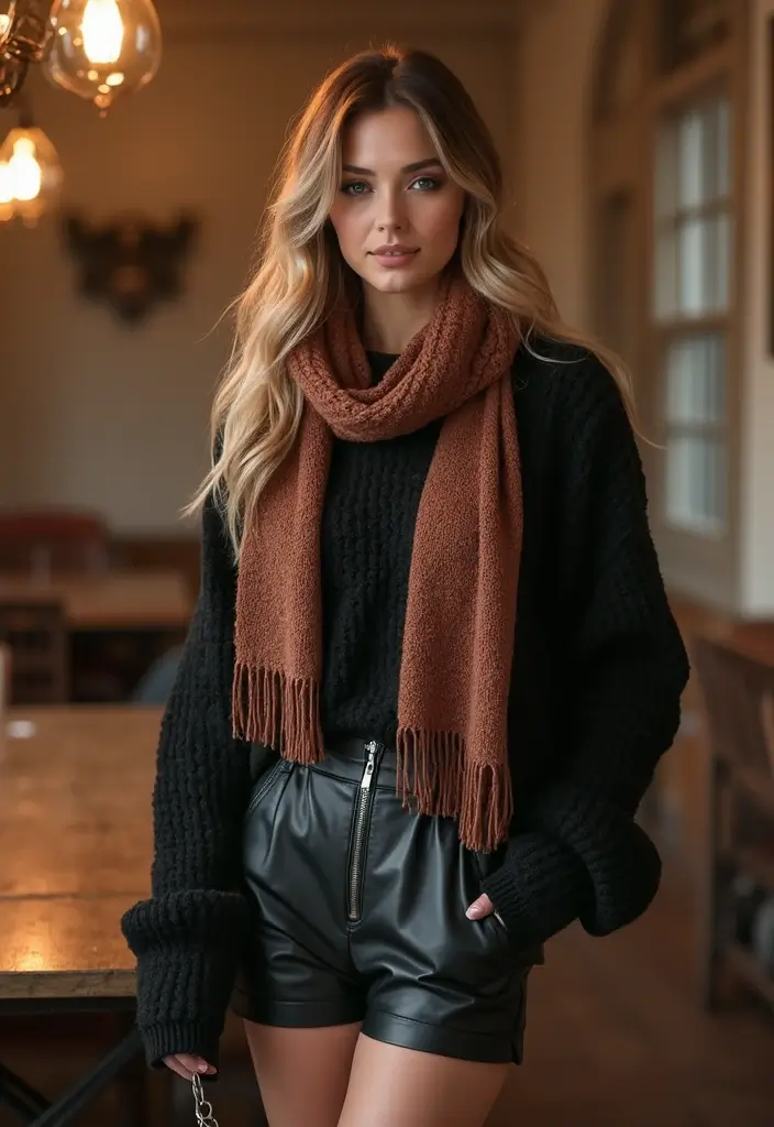 25 Black Leather Shorts Outfit That Flatter Every Figure - 20. Cozy Sweater Weather