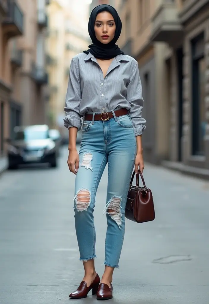 25 Chic Hijab Outfit Aesthetic To Copy Right Now - 10. Distressed Jeans and a Button-Up Shirt