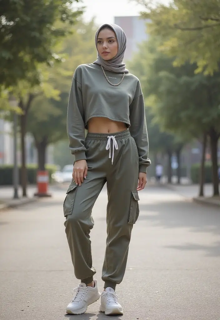 25 Chic Hijab Outfit Aesthetic To Copy Right Now - 12. Sporty Look with Cargo Pants