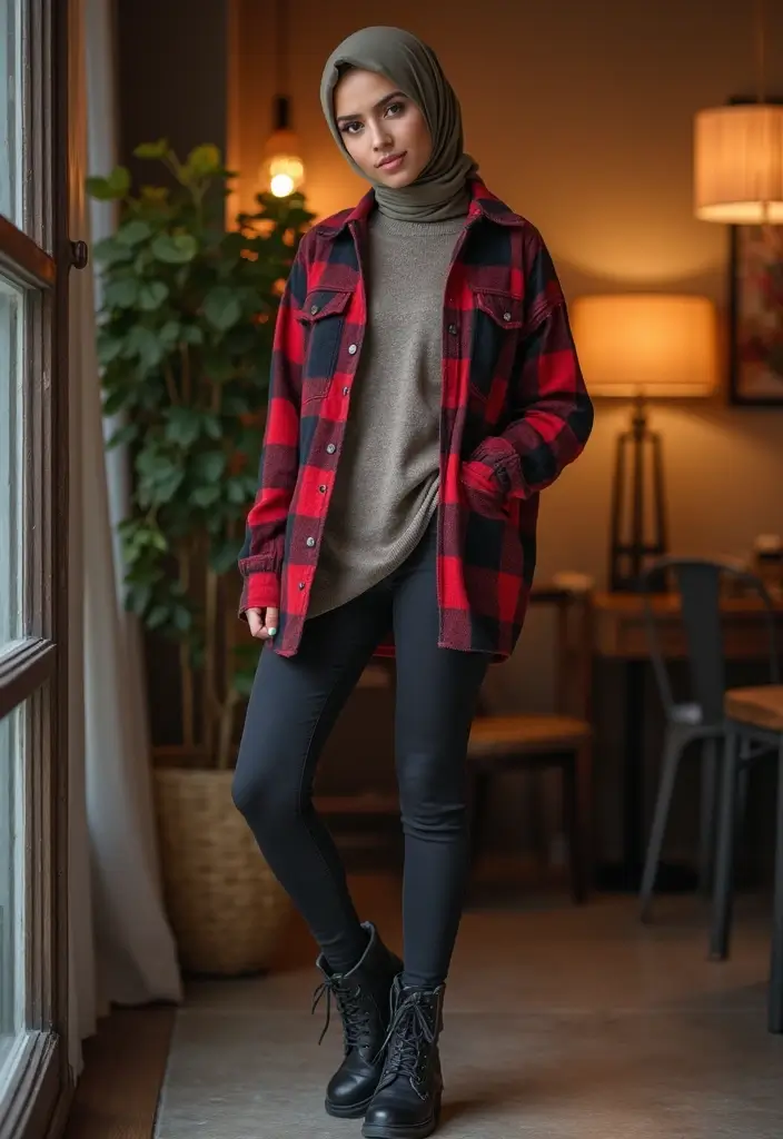 25 Chic Hijab Outfit Aesthetic To Copy Right Now - 16. Cozy Flannel Shirts and Leggings
