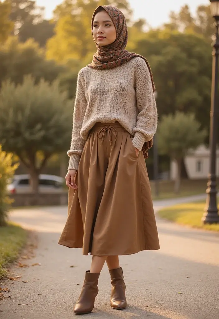 25 Chic Hijab Outfit Aesthetic To Copy Right Now - 18. Effortless Midi Skirt with a Chunky Sweater