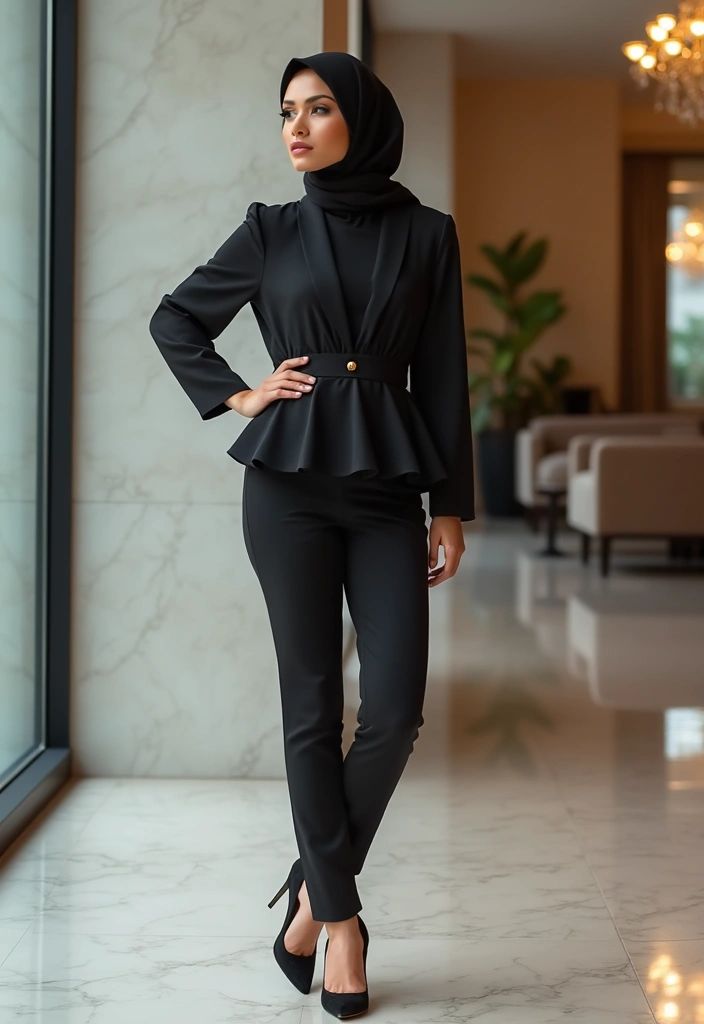 25 Chic Hijab Outfit Aesthetic To Copy Right Now - 19. Sleek Trousers with a Peplum Top
