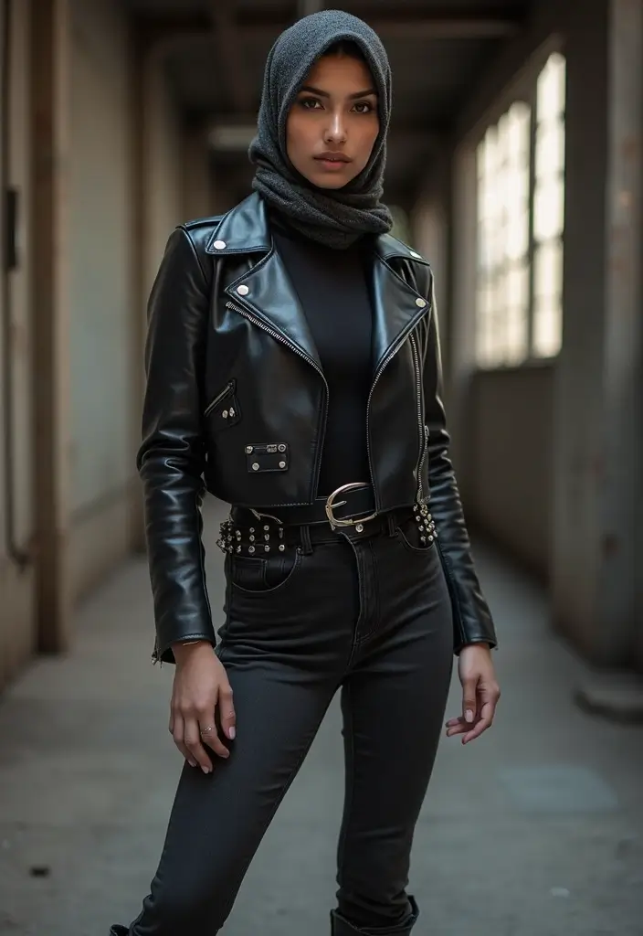 25 Chic Hijab Outfit Aesthetic To Copy Right Now - 22. Edgy Look with Leather Jacket