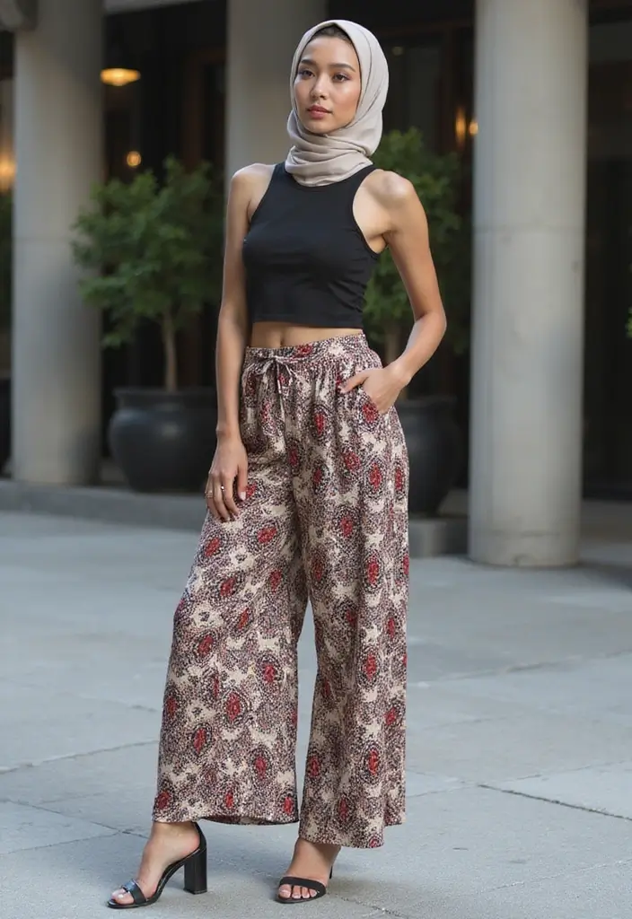 25 Chic Hijab Outfit Aesthetic To Copy Right Now - 7. Patterned Palazzo Pants and a Solid Top