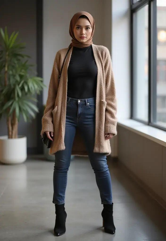 25 Chic Hijab Outfit Aesthetic To Copy Right Now - 9. Long Cardigans with Turtlenecks