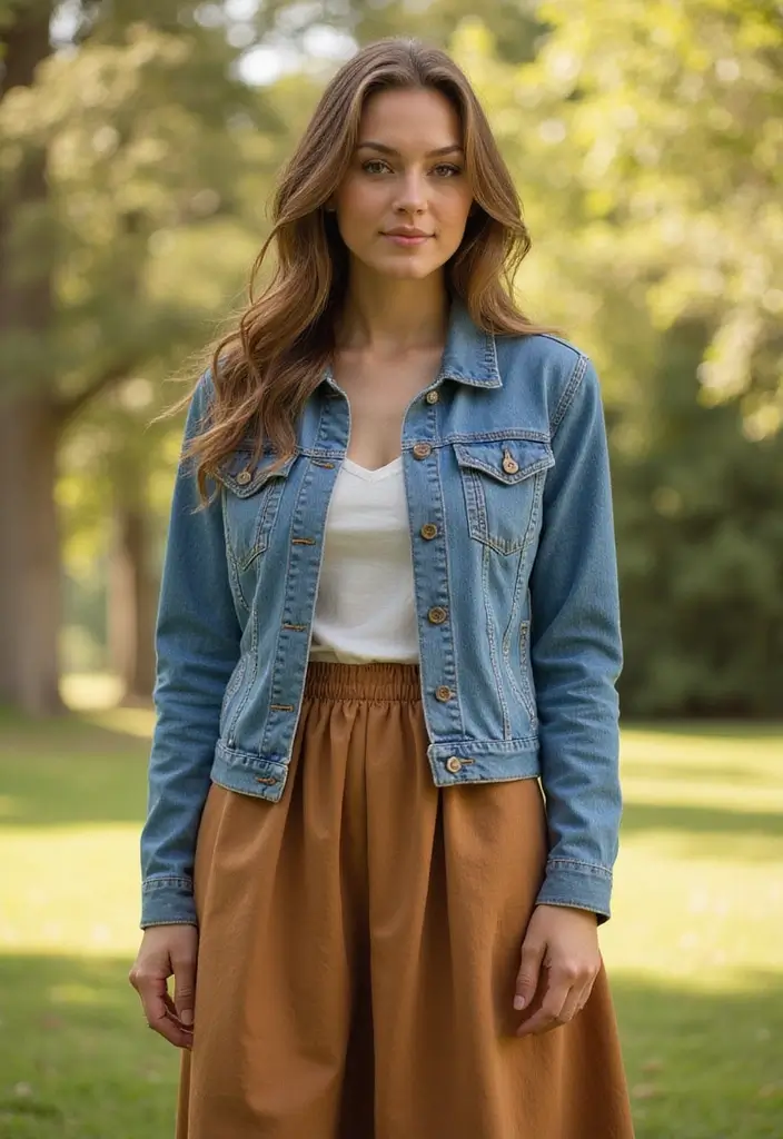 25 Chic Sign Out Outfit Ideas To Copy Right Now - 11. Eco-Friendly Denim Jacket & Midi Skirt