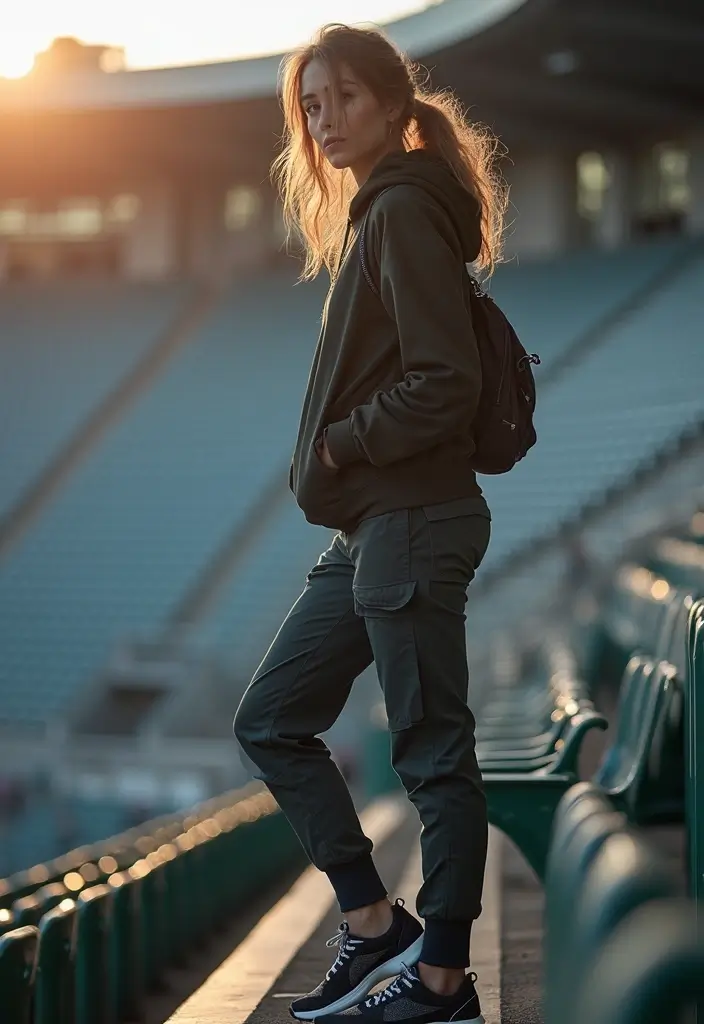 25 Must-Try Stadium Outfit Women Combos This Season - 11. Tech Fabric Hoodie and Cargo Pants