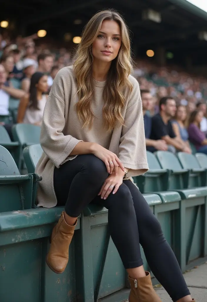 25 Must-Try Stadium Outfit Women Combos This Season - 13. Three-Quarter Sleeve Tunic with Tights