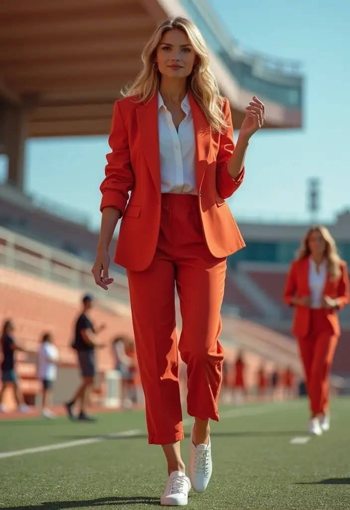 25 Must-Try Stadium Outfit Women Combos This Season - 14. Chic Track Pants and Blazer