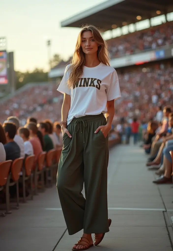 25 Must-Try Stadium Outfit Women Combos This Season - 20. Relaxed Fit T-shirt and Palazzo Pants