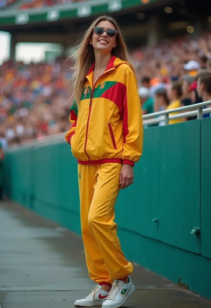 25 Must-Try Stadium Outfit Women Combos This Season - 23. Colorful Windbreaker with Sweatpants