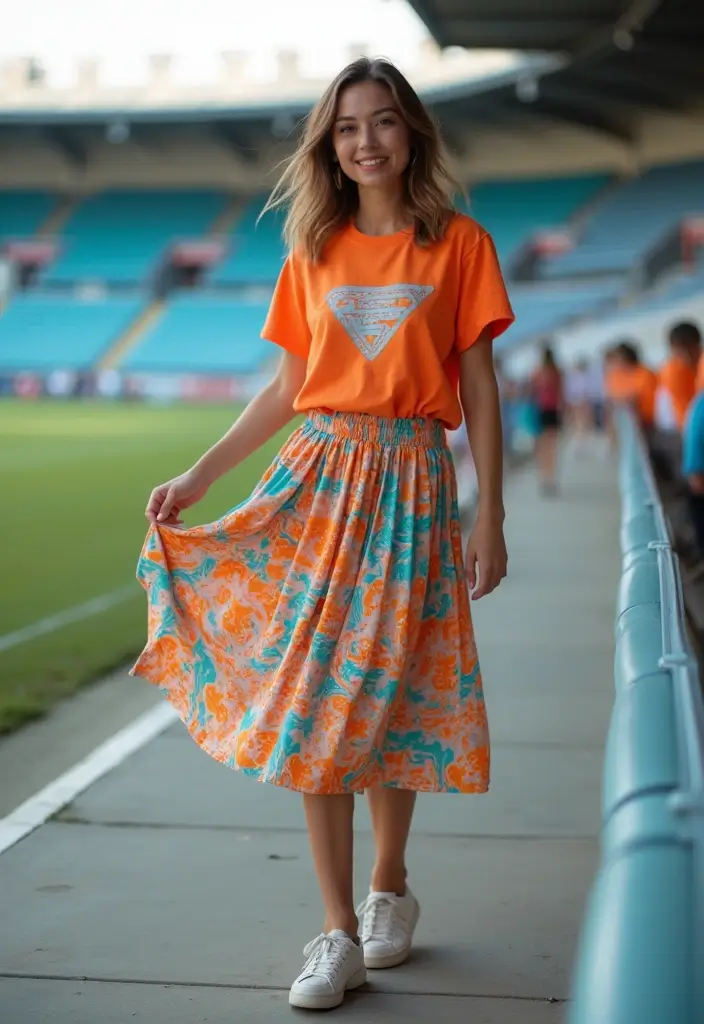 25 Must-Try Stadium Outfit Women Combos This Season - 6. Graphic Tee and Midi Skirt