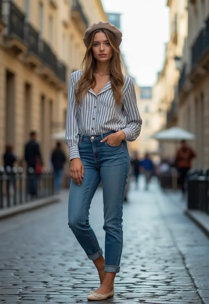 25 Striped Shirt Outfit Styling Tips To Wear With Confidence - 1. Classic French Vibes: Striped Shirt and High-Waisted Jeans