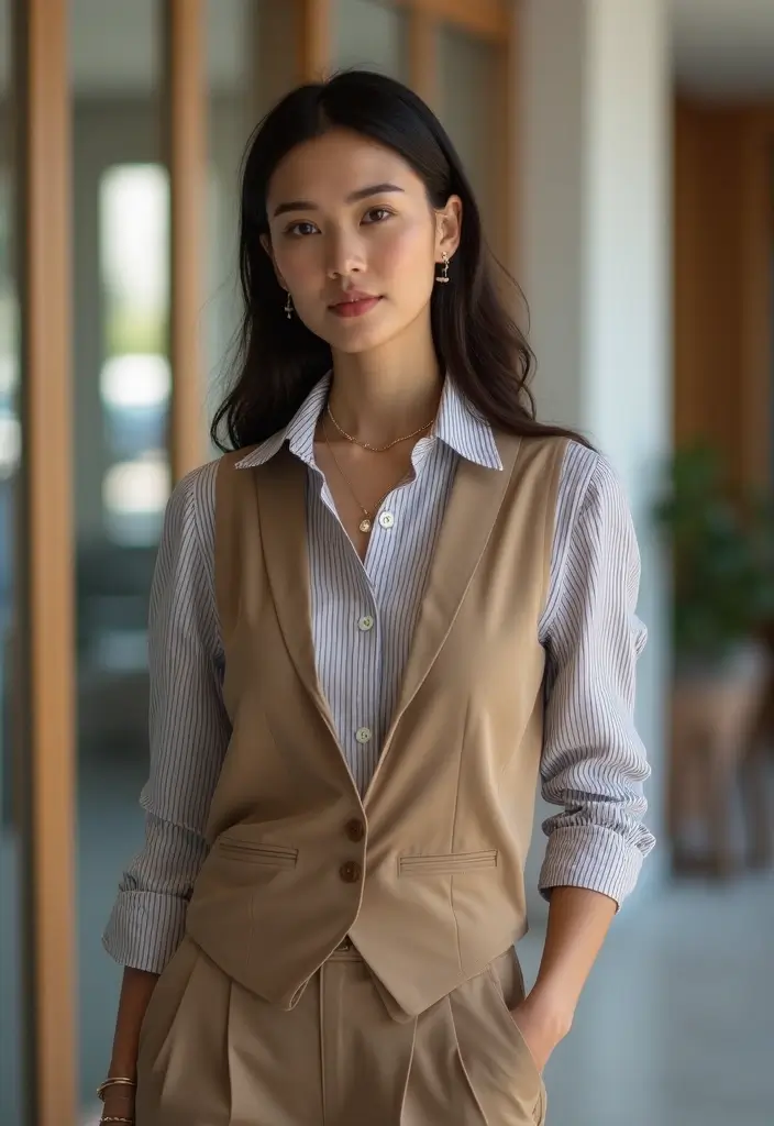 25 Striped Shirt Outfit Styling Tips To Wear With Confidence - 10. Stylish Combinations: Striped Shirt with a Vest