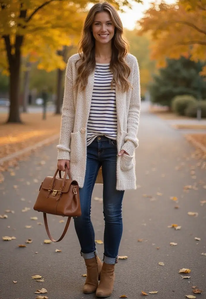 25 Striped Shirt Outfit Styling Tips To Wear With Confidence - 14. Chic and Cozy: Striped Shirt with Knitted Cardigan