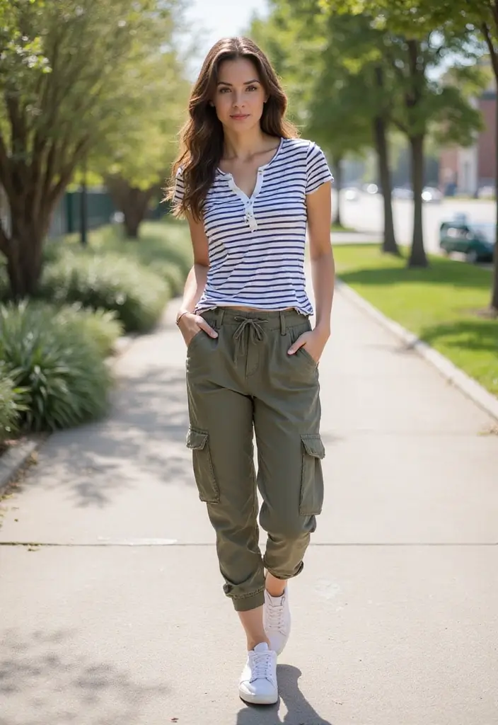 25 Striped Shirt Outfit Styling Tips To Wear With Confidence - 15. Effortless Edge: Striped Shirt with Cargo Pants