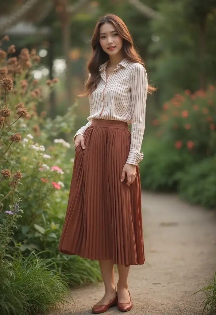 25 Striped Shirt Outfit Styling Tips To Wear With Confidence - 17. Vintage Flair: Striped Shirt with a Pleated Skirt