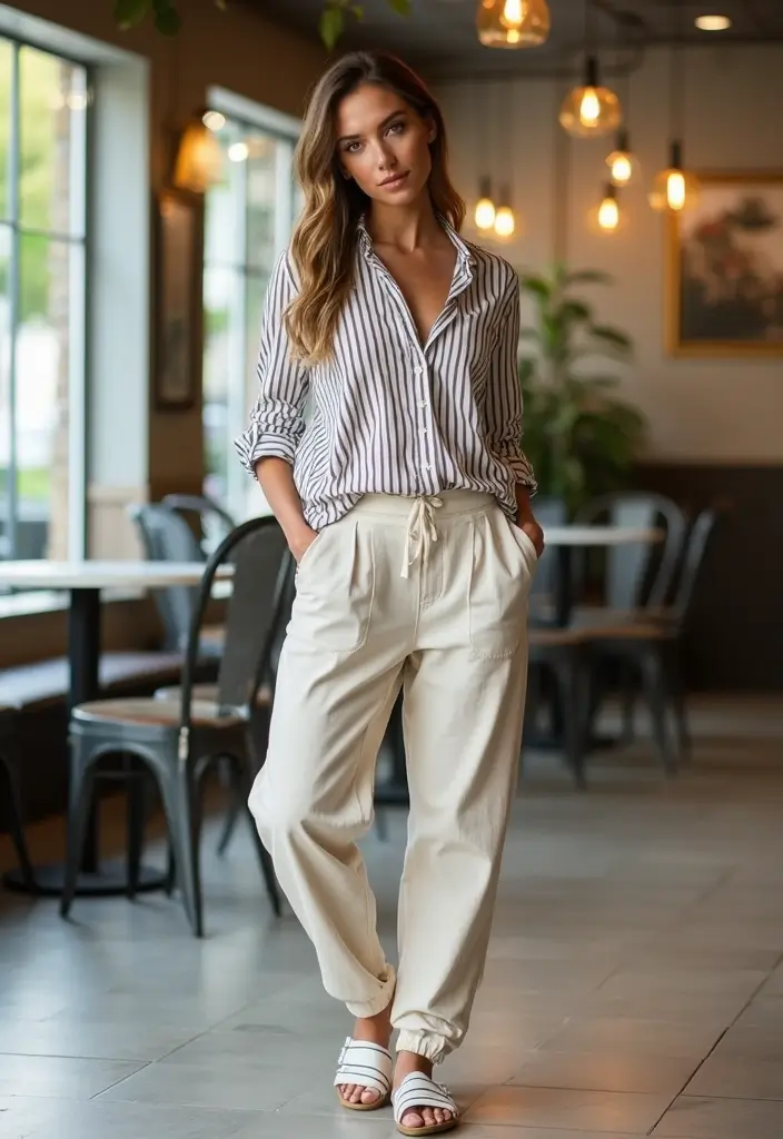 25 Striped Shirt Outfit Styling Tips To Wear With Confidence - 18. Trendy and Casual: Striped Shirt with Joggers
