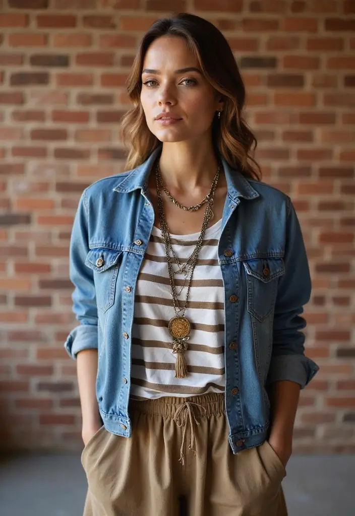 25 Striped Shirt Outfit Styling Tips To Wear With Confidence - 2. Layering Magic: Striped Shirt Under a Denim Jacket