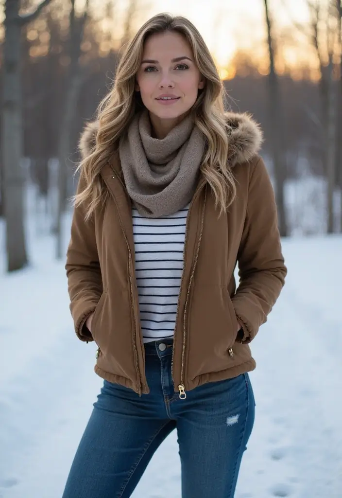 25 Striped Shirt Outfit Styling Tips To Wear With Confidence - 21. Relaxed and Cozy: Striped Shirt with a Puffer Jacket