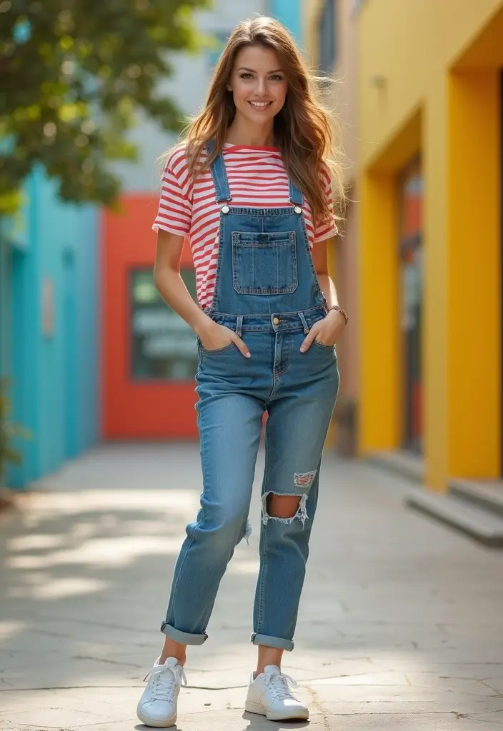 25 Striped Shirt Outfit Styling Tips To Wear With Confidence - 25. Weekend Vibes: Striped Shirt with Overalls