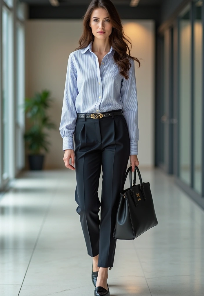 25 Striped Shirt Outfit Styling Tips To Wear With Confidence - 3. Office Ready: Striped Shirt and Tailored Trousers