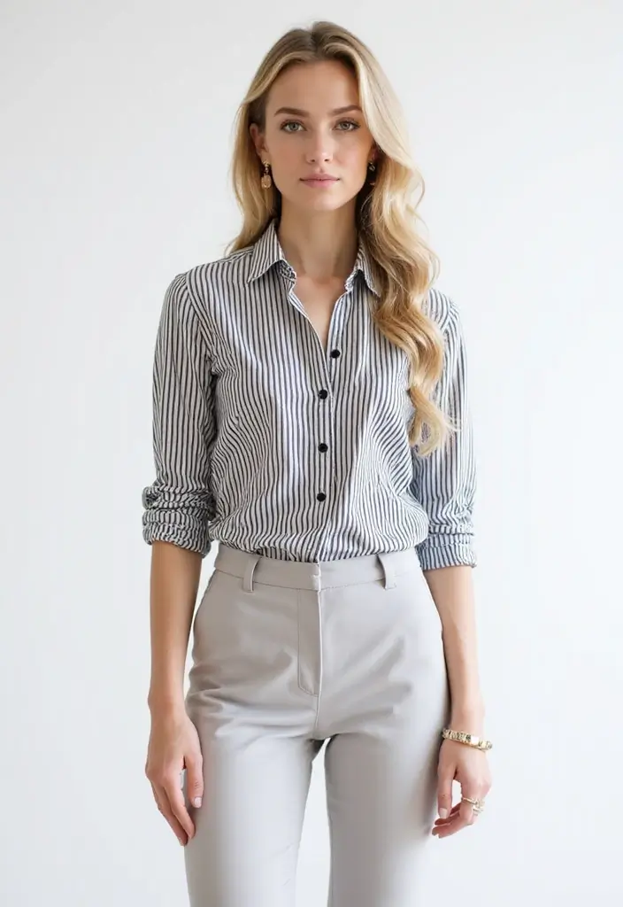 25 Striped Shirt Outfit Styling Tips To Wear With Confidence - 6. Monochrome Delight: Stripes with Matching Bottoms