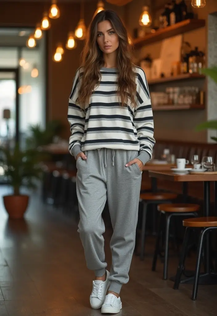 25 Striped Shirt Outfit Styling Tips To Wear With Confidence - 8. Sporty Chic: Striped Shirt with Track Pants