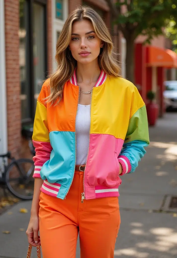 25 Trendy New Year Outfits To Refresh Your Closet - 20. Colorful Bomber Jacket