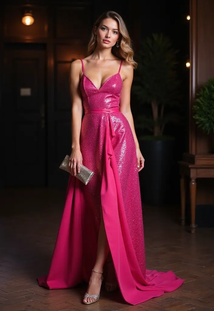 26 Pink Party Outfits That Flatter Every Figure - 17. Bold Pink Shimmer Dress