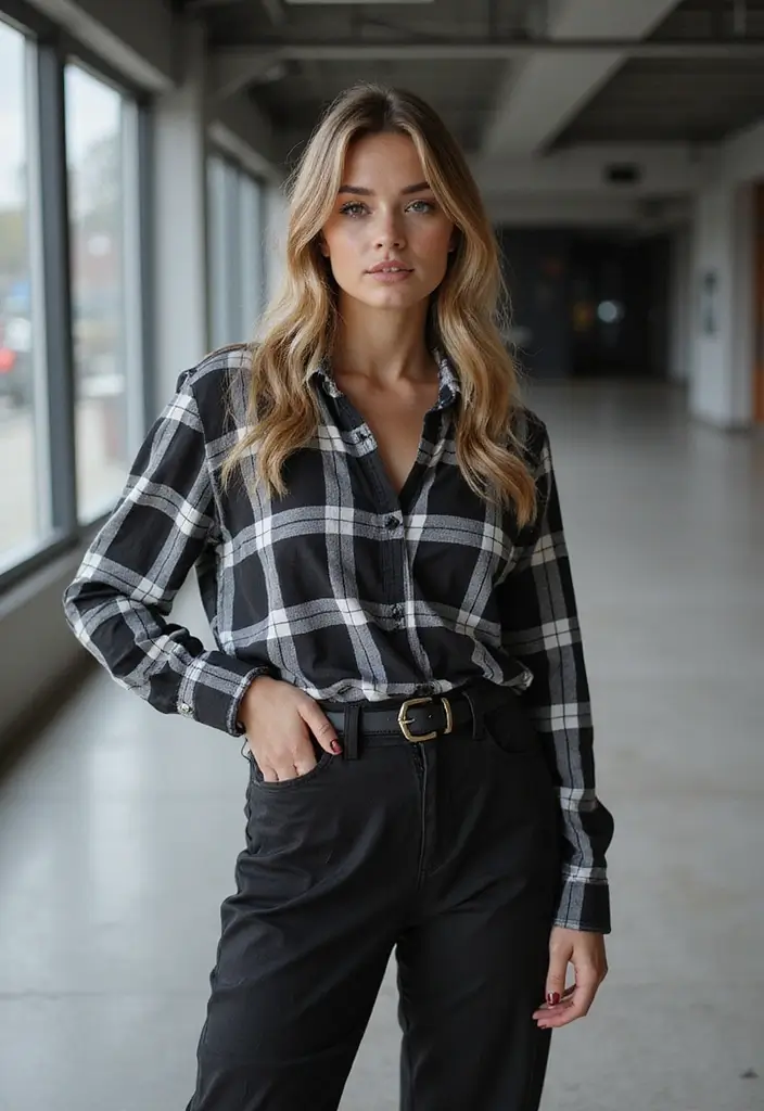 26 Trendy Checked Shirt Outfits To Refresh Your Closet - 11. Monochrome Madness