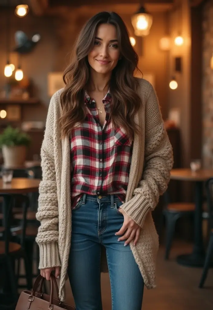 26 Trendy Checked Shirt Outfits To Refresh Your Closet - 15. With a Chunky Cardigan