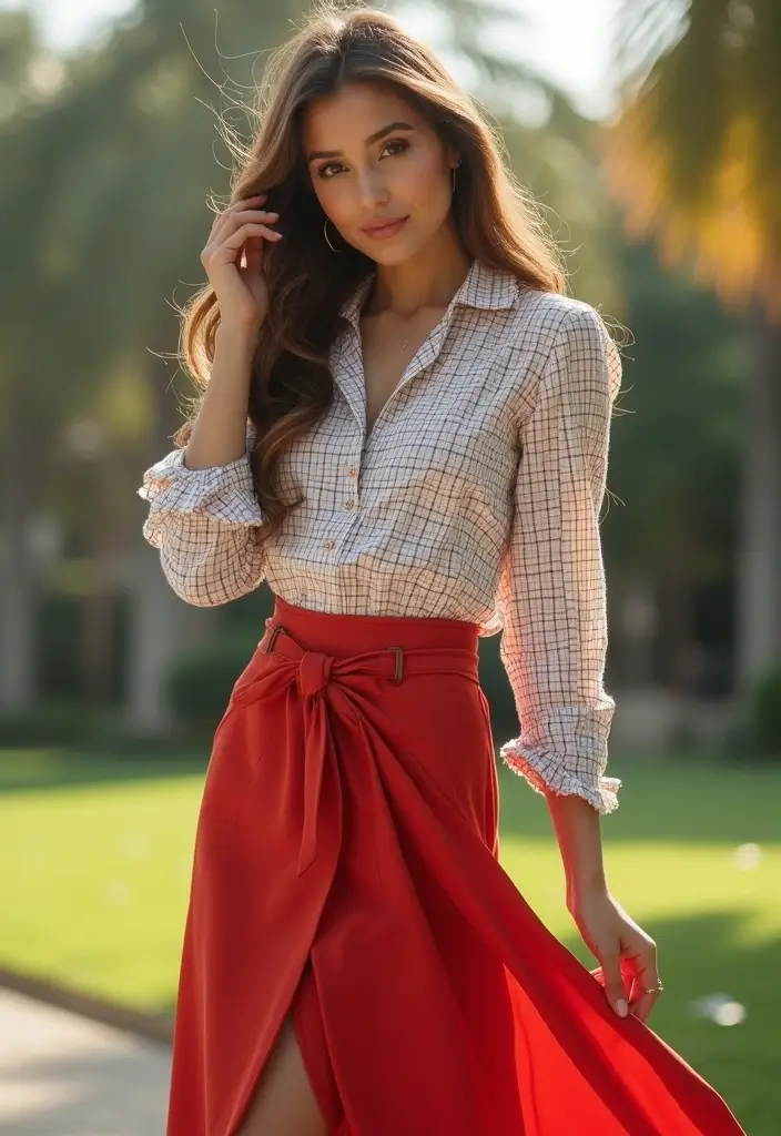 26 Trendy Checked Shirt Outfits To Refresh Your Closet - 19. With High-Waisted Skirt