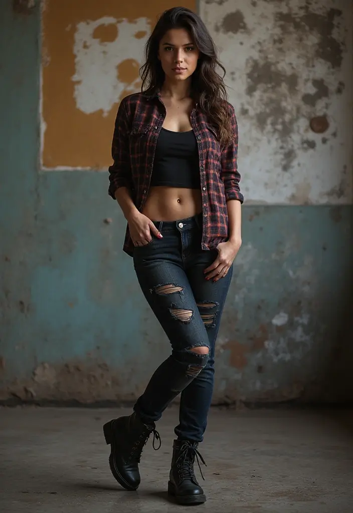 26 Trendy Checked Shirt Outfits To Refresh Your Closet - 7. Edgy Denim Mix