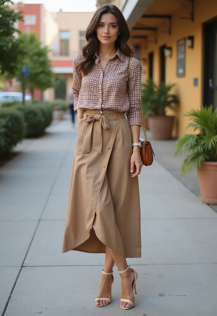 26 Trendy Checked Shirt Outfits To Refresh Your Closet - 8. With a Wrap Skirt