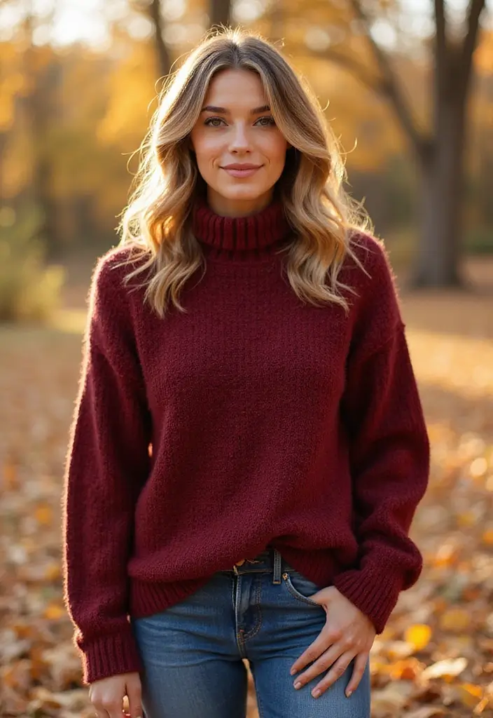 27 Chic Wine Red Outfit To Copy Right Now - 1. Cozy Wine Red Sweater with Ethical Denim