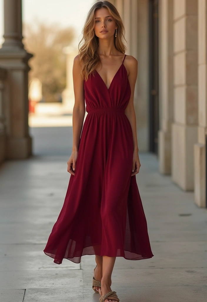 27 Chic Wine Red Outfit To Copy Right Now - 2. Wine Red Midi Dress with Sustainable Footwear