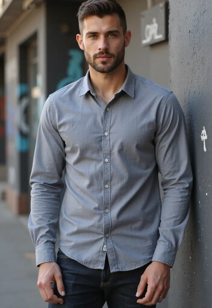 27 Grey Shirt Outfit Men Inspirations For Real Life - 1. Classic Grey Button-Up with Dark Denim