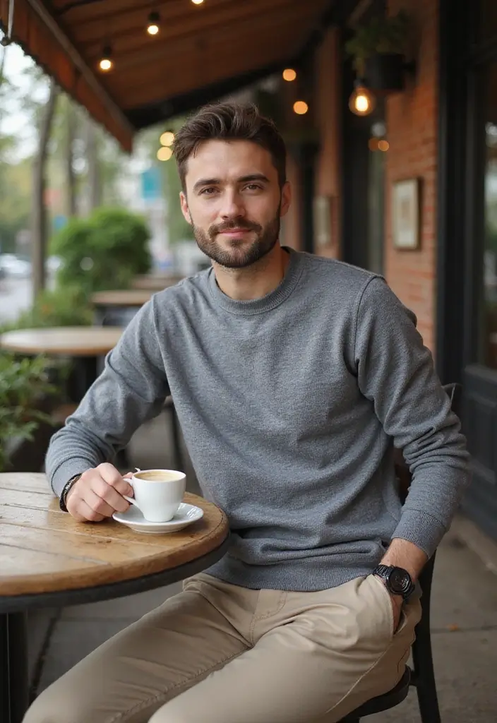 27 Grey Shirt Outfit Men Inspirations For Real Life - 13. Grey Knit Shirt with Beige Chinos