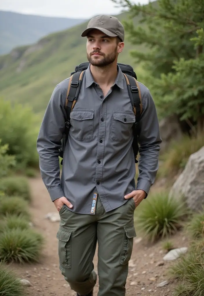 27 Grey Shirt Outfit Men Inspirations For Real Life - 15. Grey Utility Shirt with Cargo Pants