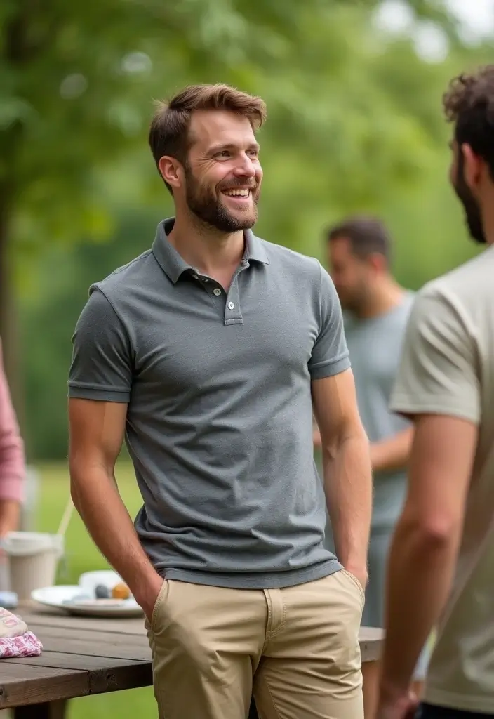 27 Grey Shirt Outfit Men Inspirations For Real Life - 16. Grey Polo Shirt with Khaki Shorts