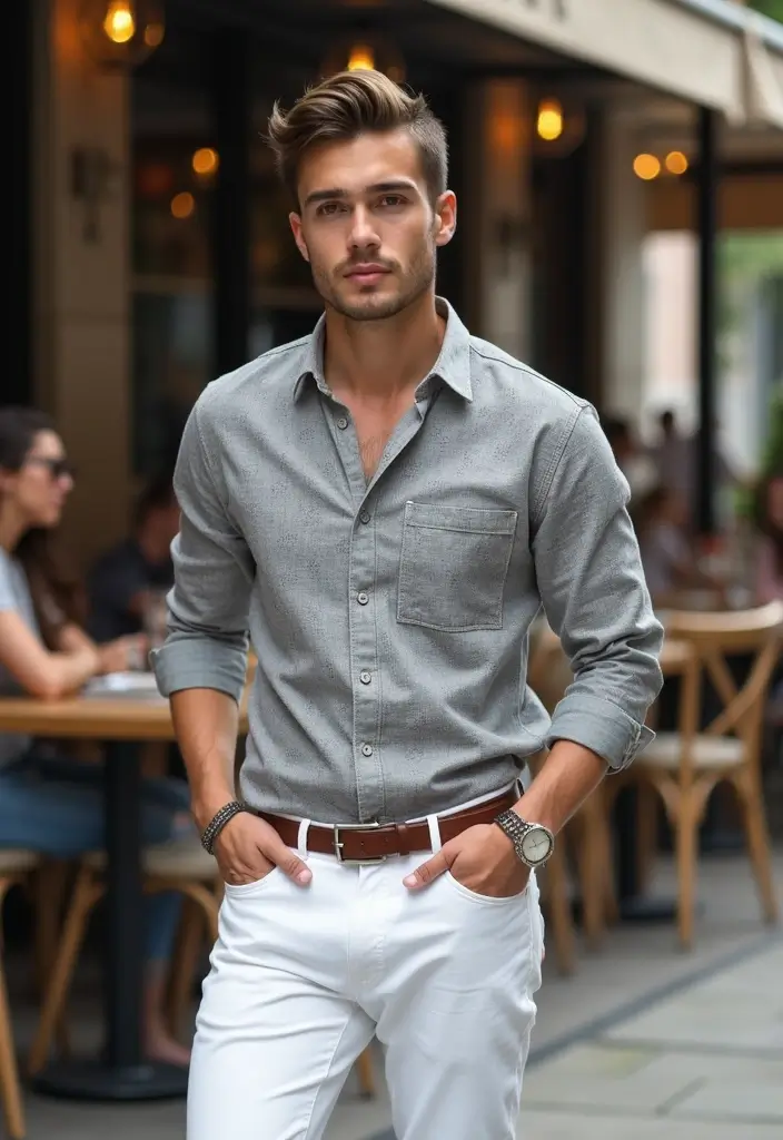 27 Grey Shirt Outfit Men Inspirations For Real Life - 17. Grey Patterned Shirt with White Jeans