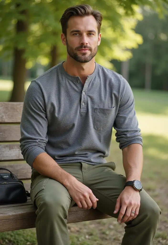 27 Grey Shirt Outfit Men Inspirations For Real Life - 2. Grey Henley with Olive Cargo Pants