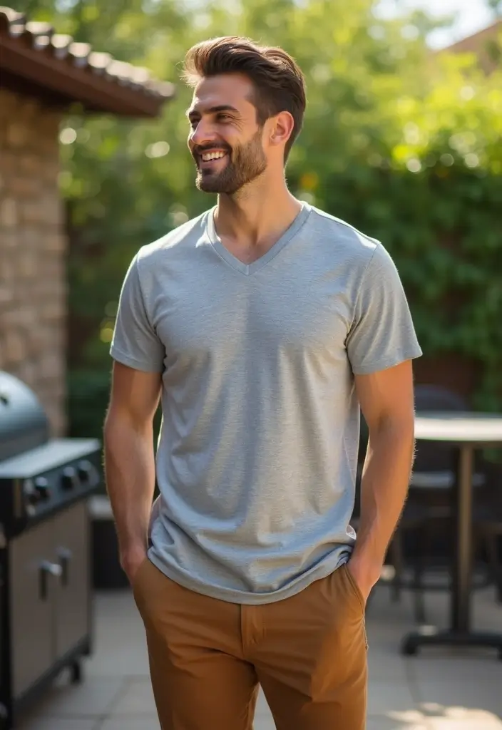 27 Grey Shirt Outfit Men Inspirations For Real Life - 25. Grey V-Neck Shirt with Brown Pants