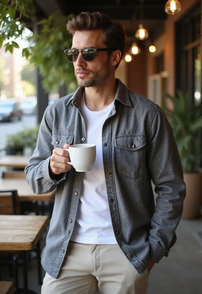 27 Grey Shirt Outfit Men Inspirations For Real Life - 4. Grey Flannel Shirt with Chinos