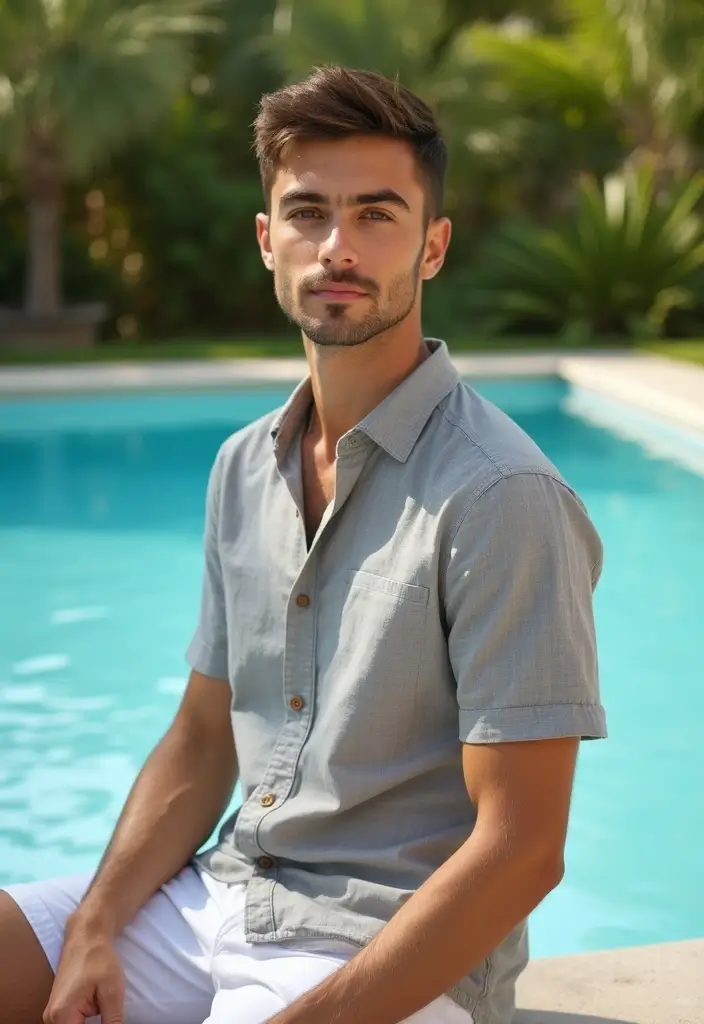 27 Grey Shirt Outfit Men Inspirations For Real Life - 5. Grey Short-Sleeve Shirt with White Shorts