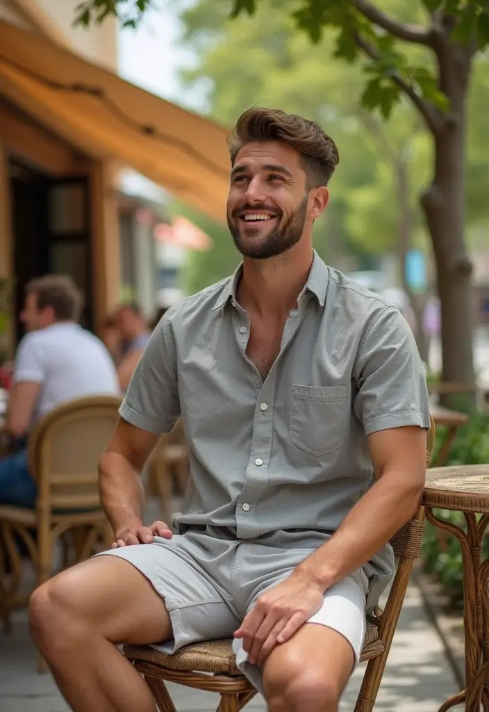 27 Grey Shirt Outfit Men Inspirations For Real Life - 8. Grey Linen Shirt with Tailored Shorts