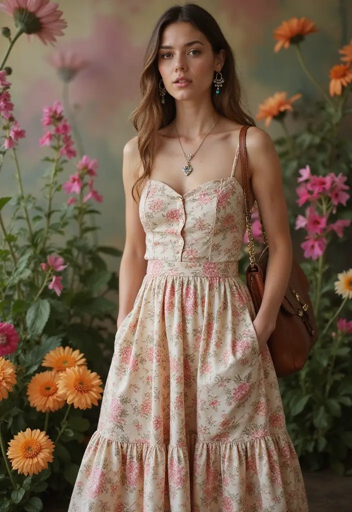 27 Spring Brunch Outfit Looks That Will Upgrade Your Wardrobe - 1. Floral Midi Dress with Upcycled Accessories