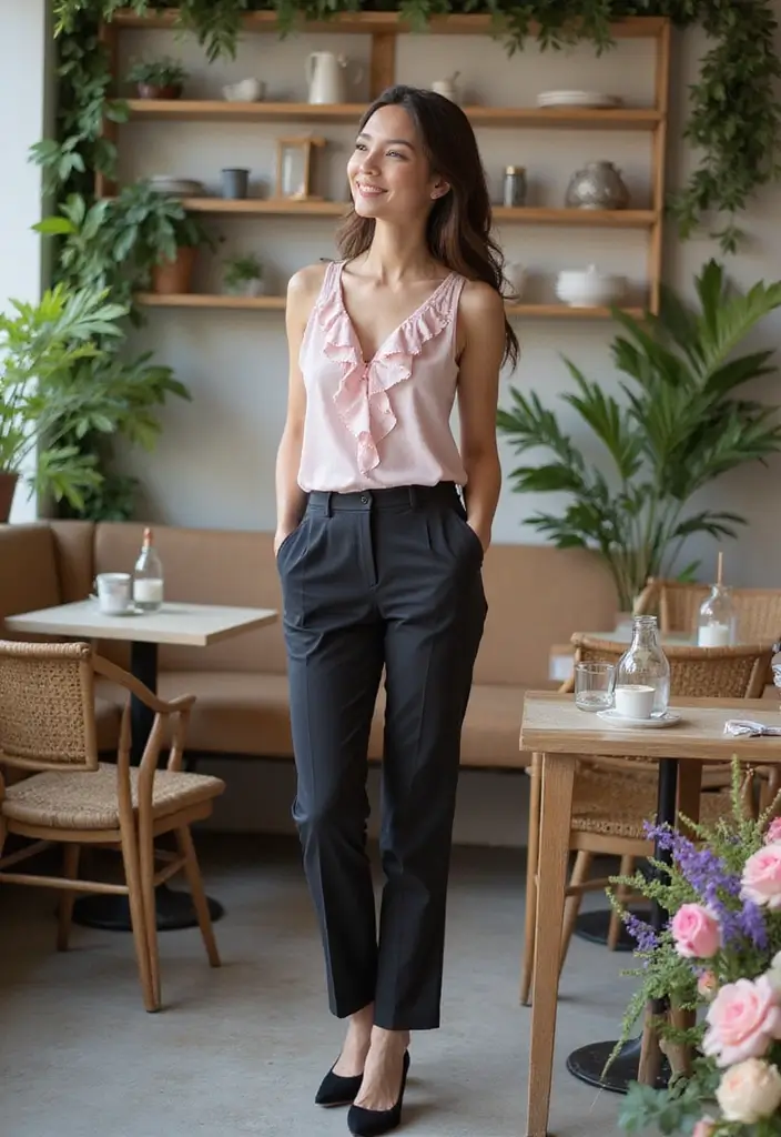 27 Spring Brunch Outfit Looks That Will Upgrade Your Wardrobe - 18. Ruffled Top with Slim Trousers