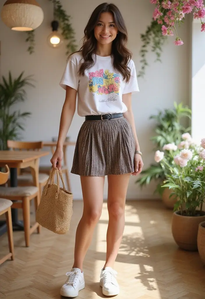27 Spring Brunch Outfit Looks That Will Upgrade Your Wardrobe - 20. Graphic Tee with Pleated Skirt